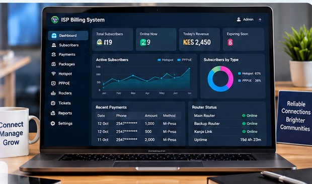 Laptop displaying an ISP Billing System dashboard with subscribers, payments and router status