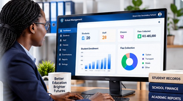 School administrator reviewing a school management dashboard on a desktop computer