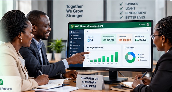 Three self-help group officials reviewing member contributions and loans on a financial dashboard